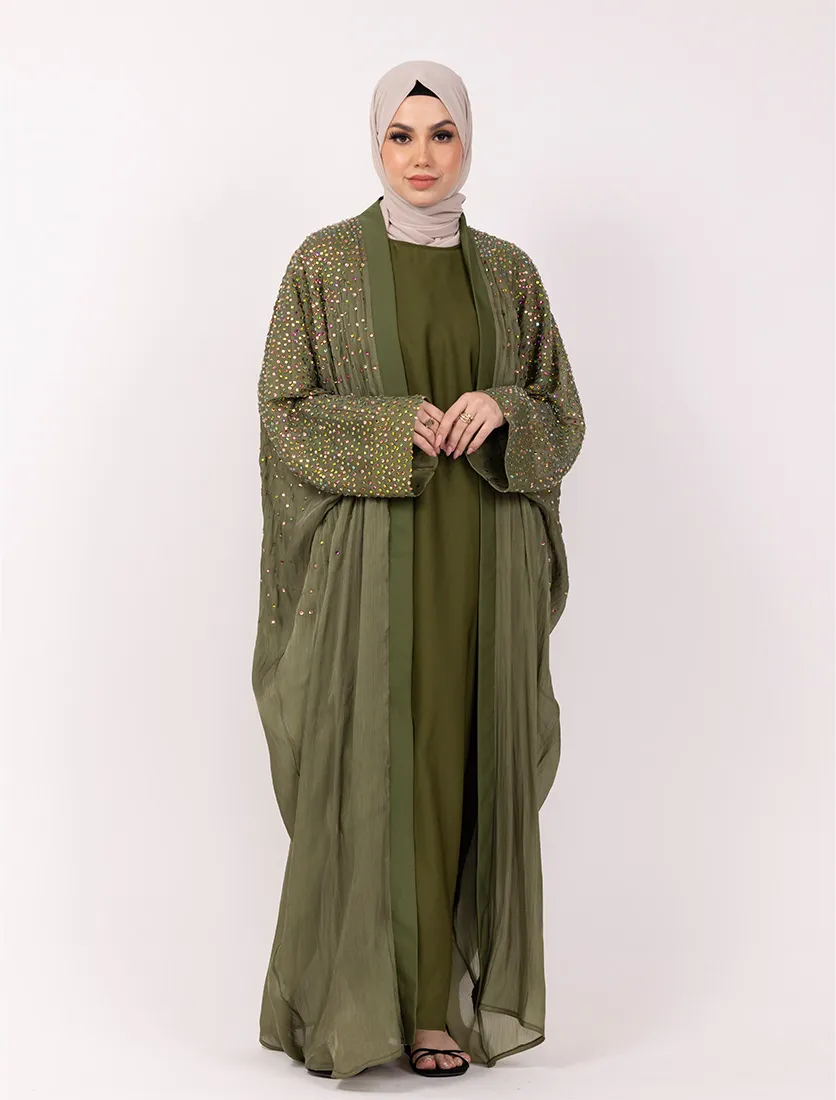Olive Multi Crystal Embellished Sheer Overlay Abaya